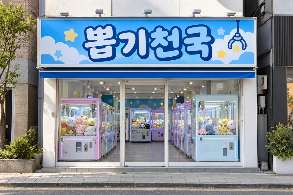 뽑기천국 간판 전체와 출입구가 함께 보이는 매장 정면 촬영 예시